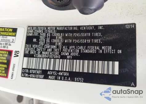 2015 Toyota Venza Le from USA, damaged, VIN 4T3BA3BB4FU070840